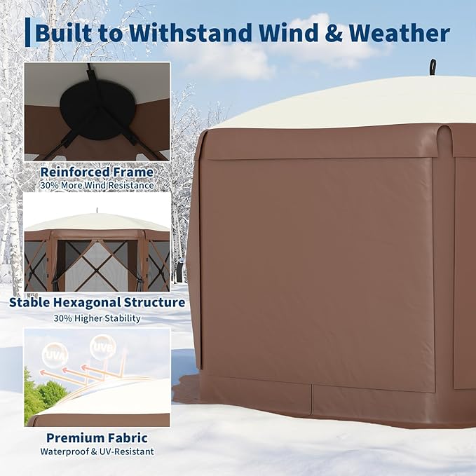 11.5x11.5FT 6-Sided Pop Up Gazebo Tent，One-Push Setup Canopy Tent with Mesh Panels & Removable Wind Cloths, Outdoor shelter for Camping, Backyard Parties, Outdoor Events - Beige & Khaki GarveeLife
