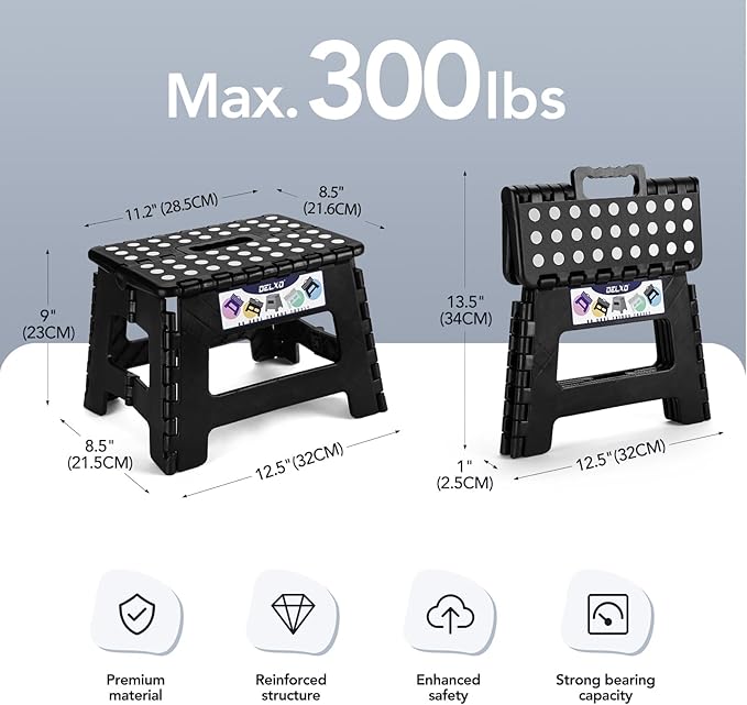 Delxo 9 Inch Folding Step Stool, Black Step Stools for Kids Foldable,Portable Collapsible Step Stool with Handle, Folding Stool for Kitchen Bathroom,Bedroom,Garden Delxo