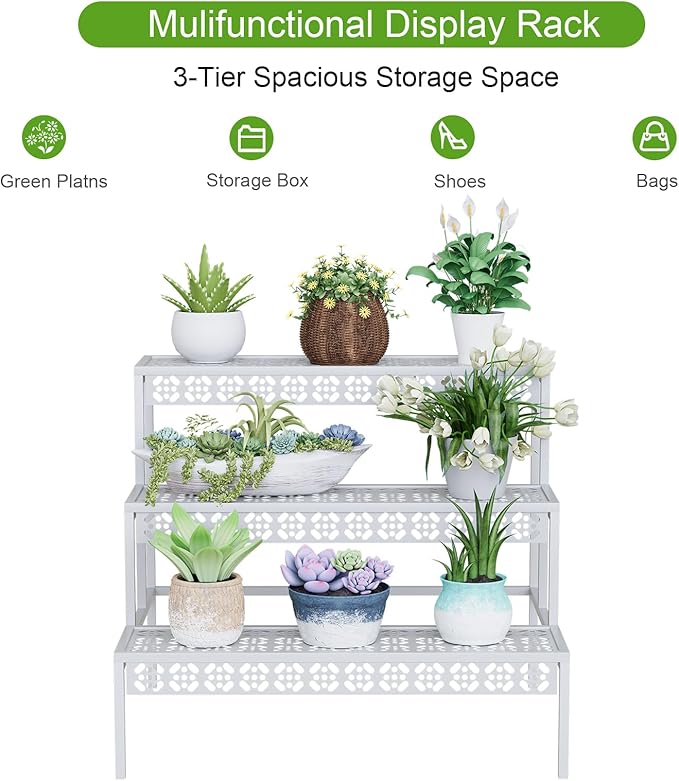 Garden 4 you 3 Tiers Metal Plant Stand,Rectangular Ladder Flower Pots Outdoor Plant Rack, Indoor Plant Display Rack, Heavy Duty Utility Storage Organizer for Home Garden Patio Balcony, Stair Style(White) Garden4you