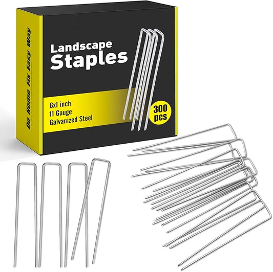 HongWay 300 Pack Landscape Staples 6 Inch, Galvanized Garden Staples Pins Ground Stakes Fence Tent Sod Staples Yard Lawn Truf Staples for Landscaping Fabric Irrigation Tubing HongWay