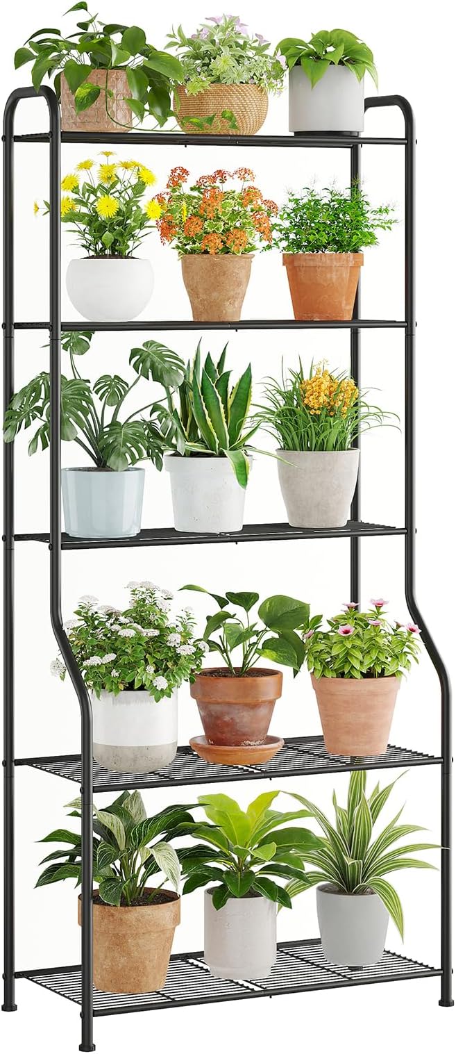 5-Tier Corner Plant Stand, Metal Black Flower Pot Rack, Indoor Outdoor Heavy Duty Shelf (Black, 5 Tier) Rootora
