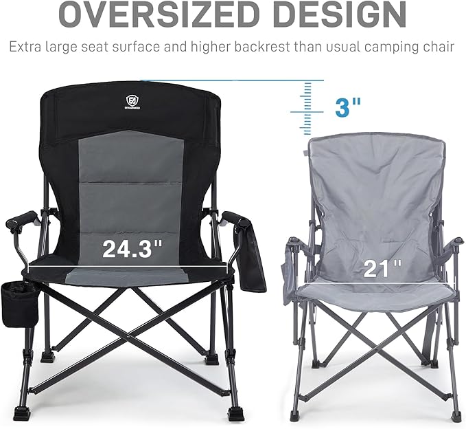 EVER ADVANCED Oversized Folding Camping Chair for Adults, Heavy Duty Lawn Chair with Side Pockets, Portable Collapsible Quad Chair for Outside, Support Up to 500lbs, Black EVERADVANCED