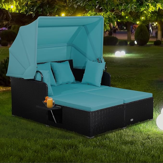 ORALNER Outdoor Daybed, 2-Person Wicker Patio Sofa with Retractable Canopy, Cushions & Pillows, 2 Side Trays, PE Rattan Double Sunbed Lounger for Deck Poolside Backyard Garden Balcony (Turquoise) ORALNER
