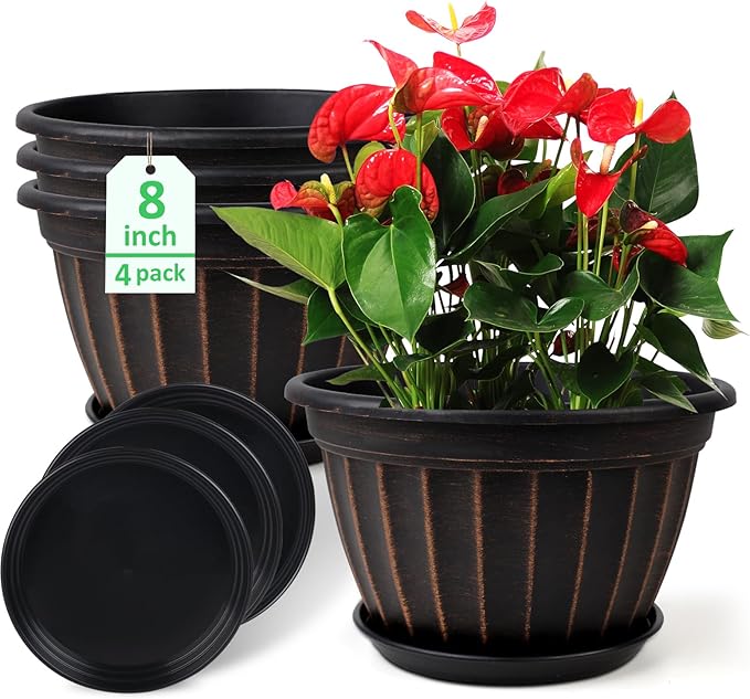 FGstyle 4 Pack Flower Pots,8 Inch Plants Pot,Planters Pot with Drainage Hole & Saucer,Modern Planters for Indoor Outdoor Plants,Decorative Resin Garden Pots for Outdoor Indoor Home Plants (Black) FGstyle
