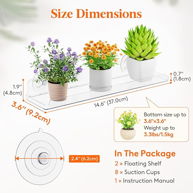 Lifewit Window Plant Floating Shelves 14.6x3.6, 2 Pack Acrylic Suction Cup Shelf, Window Sill Extender for Indoor Succulent Plants, Micro Greens, Seed Starter Pots, Herb Planters 37 x 9 cm/14.6x3.6 Lifewit