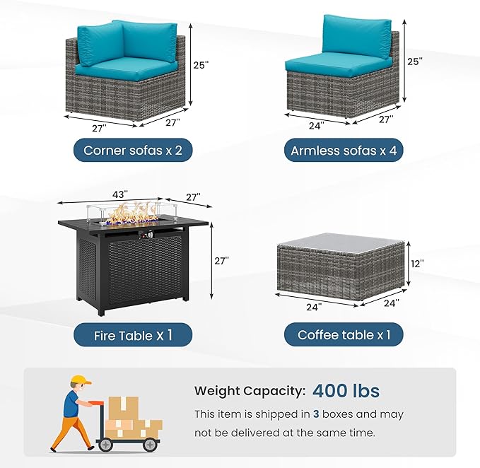 8 Pieces Outdoor Patio Furniture Set with 43" Fire Pit Table, Wicker Outdoor Patio Sectional Sofas with Coffee Table and Cushions, All-Weather Patio Conversation Set for Garden Backyard, Light Blue MayinColor
