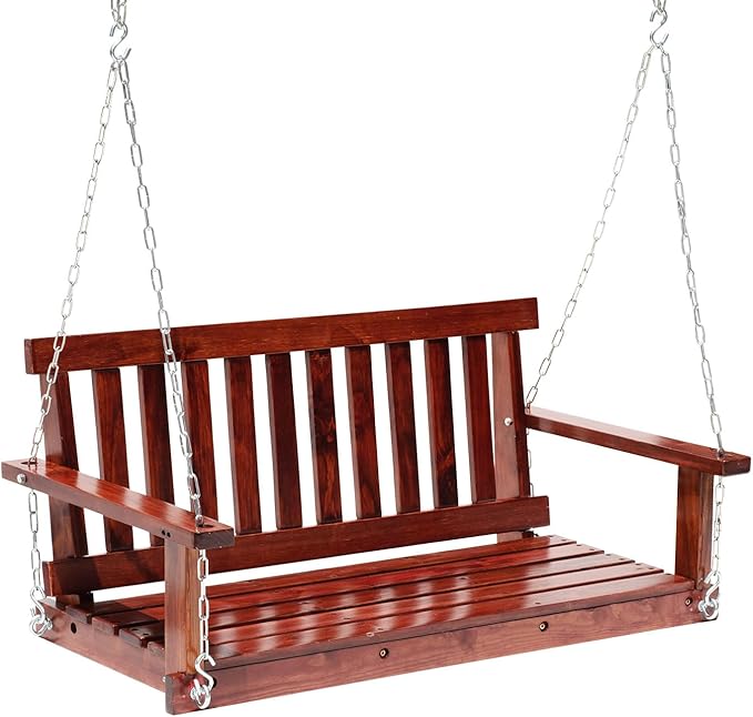 Outdoor Wooden Porch Swing 4Ft Patio Porch Swing Bench 800 LBS Load-Bearing Capacity Swing Chair Two-Person Seating with Adjustable Hanging Chains, Durable Swing Bench for Courtyard, Garden, Backyard FDW