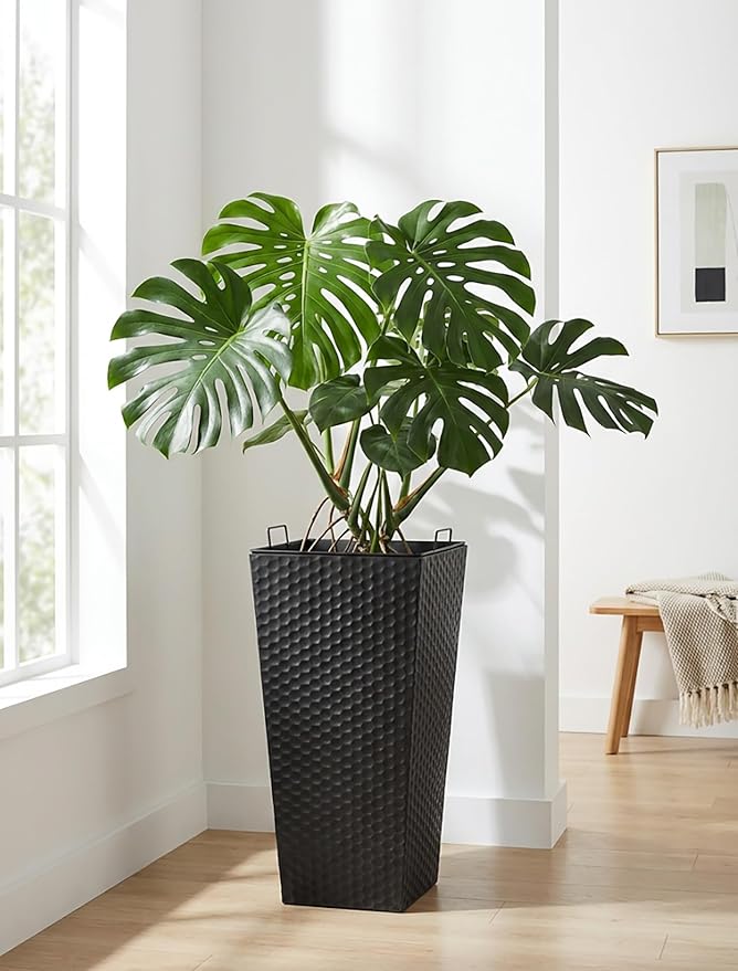 Sziqiqi Tall Planter for Indoor Outdoor: Set of 2 Large 21.6in Metal Taper Plant Pots with Inner Pots - Square Black Flower Pot with Drainage Holes for Outside Front Door Patio Garden Floor SZIQIQI
