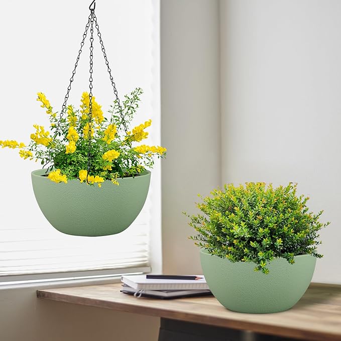 12 inch Large Hanging Planters Plant Pots for Indoor Outdoor Plants, 2 Pack Hanging Flower Pots with Drainage Holes and Chain for Garden Porch, Plastic Hanging Baskets for House Plants, Green Meowell