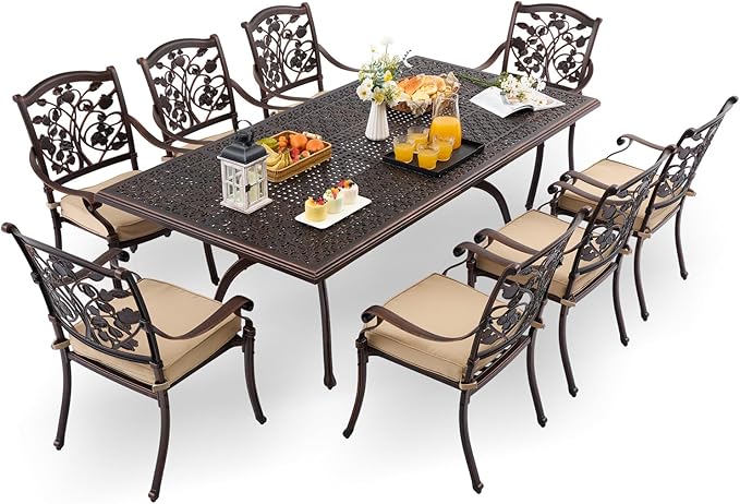 9-Piece Cast Aluminum Patio Furniture, Outdoor Dining Sets for 8 Include 87" Rectangular Patio Dining Table and 8 Stackable Chairs with Cushions & Umbrella Hole (Copper Red) Rootora