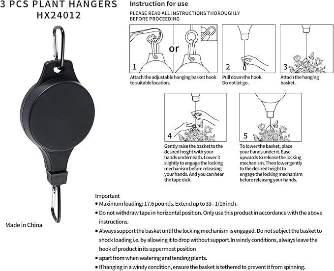 3Pack Retractable Plant Hanger Pulley System with Adjustable Rope Clips-Heavy-Duty for Indoor & Sheltered Outdoor Use(Max 15kg) HOGXUAE