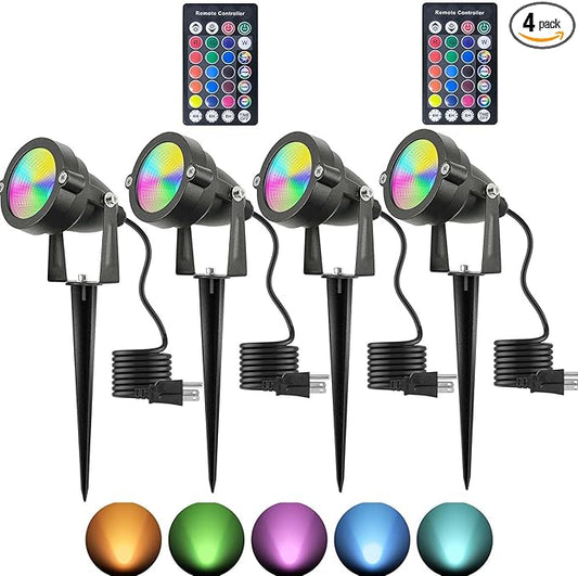 Christmas RGB Spot Lights with Timer, Halloween 10W 120V Color Changing Outdoor Metal Case Landscape SpotLights IP65 Waterproof Spotlight with Stake Stand for Yard Garden Lawn Patio, 4 Lights TENSUL