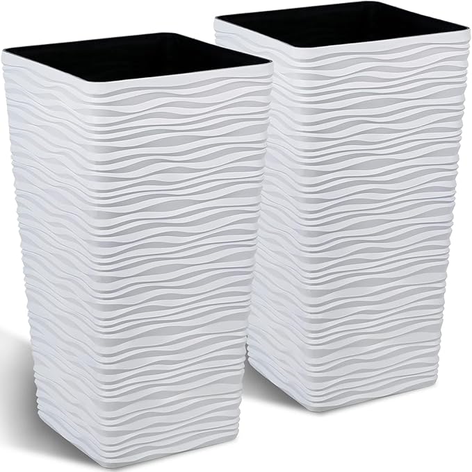 Worth Garden 22" Tall Planters Set of 2 - Plastic White Square Plant Pots with Drainage Hole - Modern Large Tapered Matte Wavy Tree Flower Pot for Indoor Outdoor Porch Deck WORTH