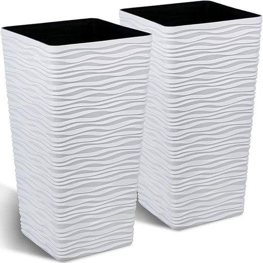 Worth Garden 22" Tall Planters Set of 2 - Plastic White Square Plant Pots with Drainage Hole - Modern Large Tapered Matte Wavy Tree Flower Pot for Indoor Outdoor Porch Deck WORTH