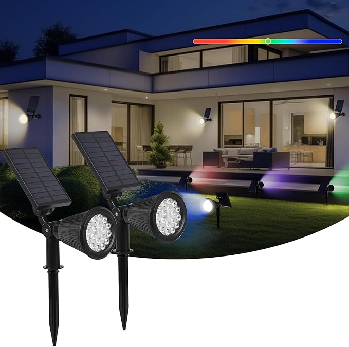 Solar Spot Lights Outdoor, 2-in-1 Wall Mount & Ground Stake 18 LEDs with 2 Lighting Modes, 7 Colors Changing, IP65 Waterproof Solar Landscape Lights for Garden, Pathway, Yard, Patio (2 Pack) DEXULESA