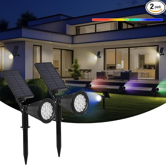 Solar Spot Lights Outdoor, 2-in-1 Wall Mount & Ground Stake 18 LEDs with 2 Lighting Modes, 7 Colors Changing, IP65 Waterproof Solar Landscape Lights for Garden, Pathway, Yard, Patio (2 Pack) DEXULESA
