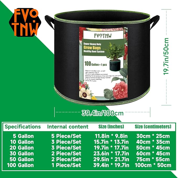 1-Pack 100 Gallon Plant Grow Bags, Thickened Nonwoven Fabric Pots with Handles,Sturdy Garden Planters Aeration Gardening Container to for Plants, Vegetables, and Flowers FVOTNW