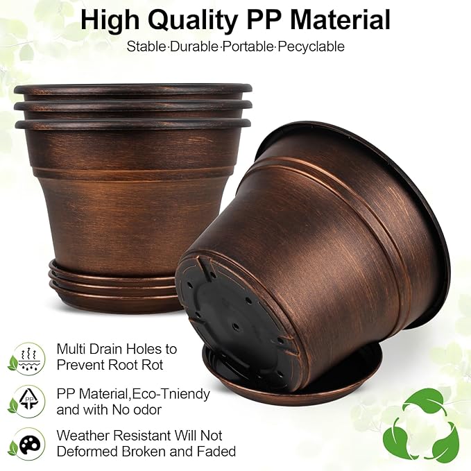 Plant Planters Pots Set of 6 Pack 6 Inch, Plastic Flower Pot For Indoor Plants With Drainage Holes & Trays, Resin Decorative Container Sets With Saucer For House Outdoor Garden Planters Dark Gold Fodetyff