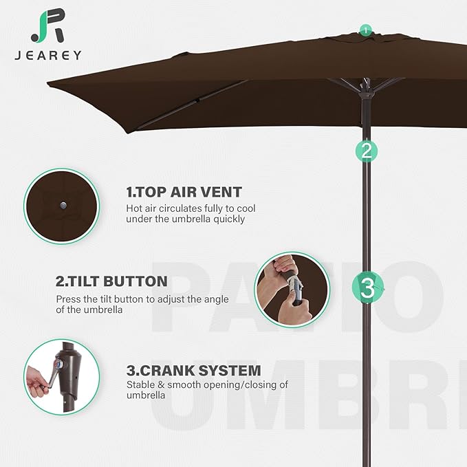 JEAREY 6.5x10 ft Rectangular Patio Umbrellas Rectangle Outdoor Umbrella with Push Button Tilt and Crank, Market Table Umbrella 6 Sturdy Ribs UV Protection for Poolside Garden Backyard Deck, Brown JEAREYOutdoorsCollection