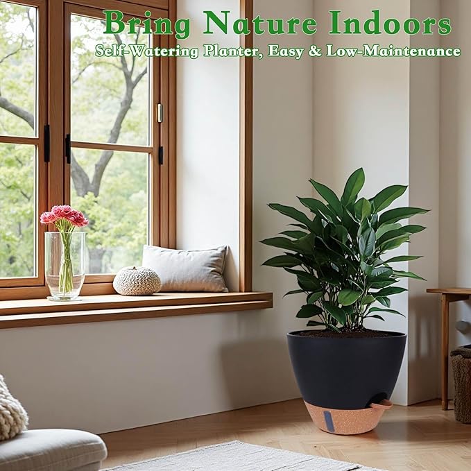 Self-Watering Plant Pots for Indoor Plants: 8/10/12 Inch Large Plastic Planter with Water Level Indicator, Drainage Holes & Deep Reservoir, Modern Decorative Flower Pot (Black) THEJIYUE