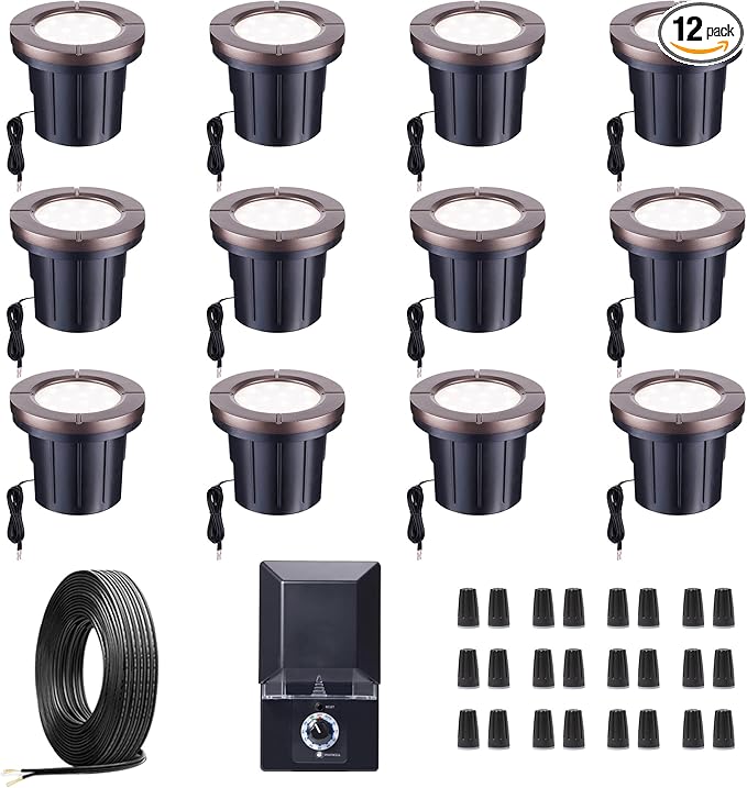 Ground Well Lights Kit, 12 Pack Landscape LED Low Voltage Inground Light and 200W Transformer and 250FT Cable and 40 Wire Connectors, Outdoor Waterproof IP67 Aluminum for Backyard Wall Lawn Varmtalys
