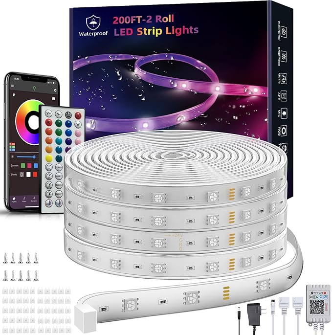 Outdoor Led Strip Lights Waterproof 198ft (2*99ft), Ip65 Outside Led Light Strip Waterproof with Remote and App Control, Exterior Led Rope Lights Music Syne RGB Strip Lights for Bedroom Decor Ledagic