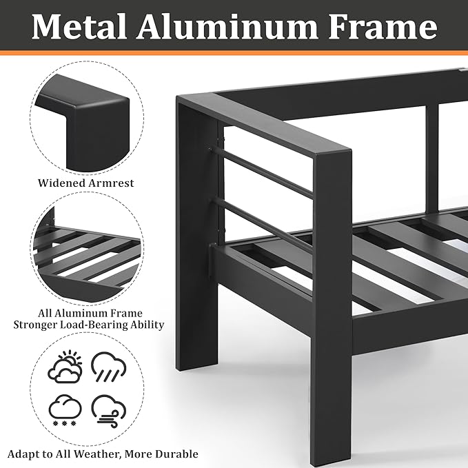 Kiss the Water Outdoor Patio Furniture Loveseat Sofa, All-Weather Metal Aluminum Patio Couch with 5" Thick and Soft Cushion and Wide Arm, Outdoor Couch for Balcony, Porch, Backyard KisstheWaterPatioTool