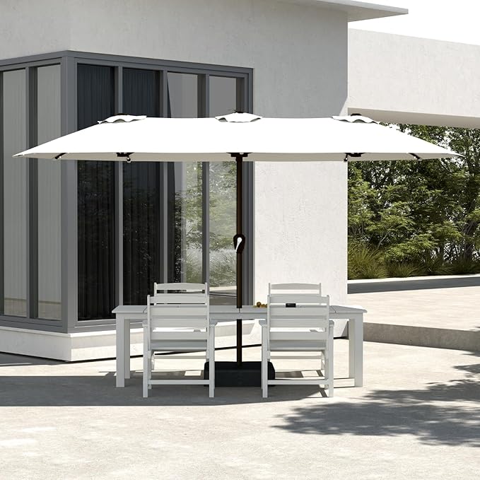 5-Piece White Outdoor Dining Set with White 15FT Large Patio Umbrella, 75.2'' HDPE Table & Chairs for 8, Weather-Resistant Furniture with Umbrella Hole for Patio, Lawn, Poolside PatioKingdom