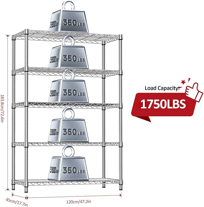 IZEUK 5-Tier Heavy Duty Metal Storage Shelving Unit (Chrome, 17.7" D x 47.2" W x 72.3" H, 1750 lbs Capacity), Adjustable Steel Wire Rack Shelf Organizer for Garage, Kitchen, Pantry, Basement, Laundry IZEUK