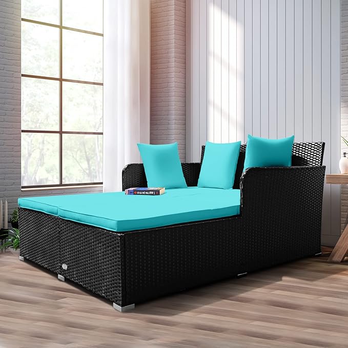RELAX4LIFE Rattan Patio Outdoor Daybed, Wicker 2-Person Sunbed Loveseat with Soft Cushions, 4 Pillows, Curved Backrest & Armrest, Double Bed Lounger Sofa Set for Balcony Porch, Patio Bed (Turquoise) RELAX4LIFE