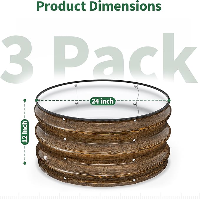 Kesfitt Round Metal Raised Garden Bed, 2x2x1 FT, 12-Inch Deep Galvanized Steel Garden Bed with Open Bottom for Vegetables & Herbs, Walnut Finish, 3 Pack Kesfitt