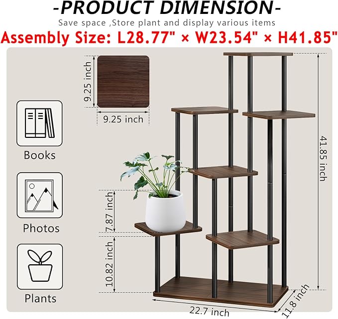 AZERPIAN Plant Stand 7 Tier Indoor Metal Flower Shelf for Multiple Plants Corner Tall Flower Holders for Patio Garden Living Room Balcony Bedroom, Black Oak AZERPIAN