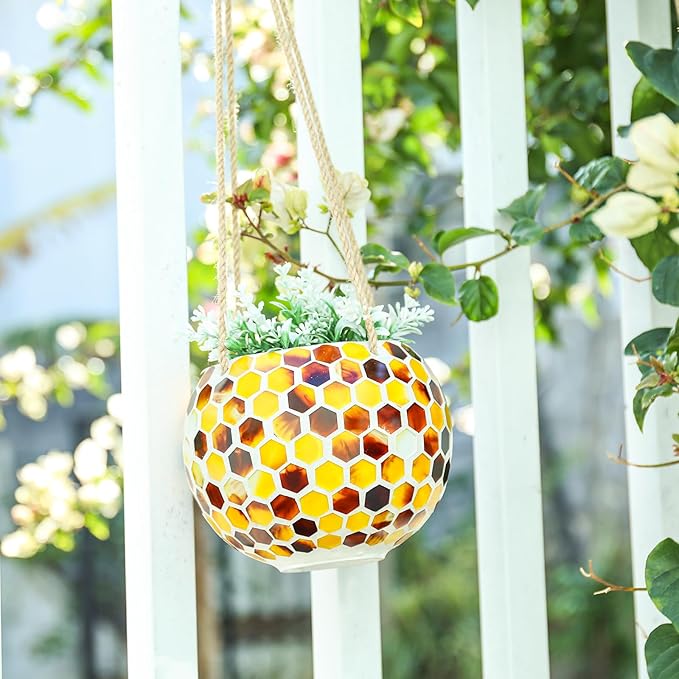Hanging Planter Mosaic Garden Pot Small Flower Pot for Indoor Plant Disco Ball Hanging Planter with Drainage Yellow Bee Chonsun