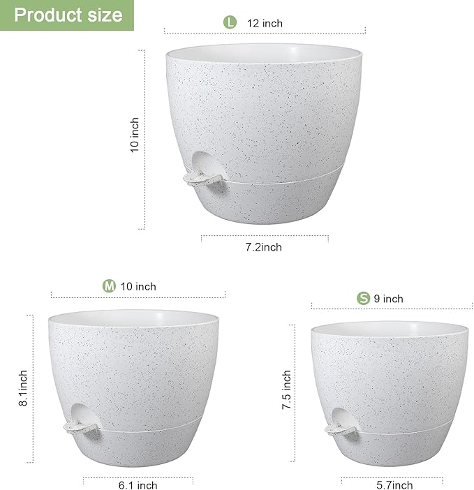 12/10/9 inch Large Self Watering Pots, Plant Pots with Mesh Drainage Holes for Indoor Outdoor Garden Plants, Flower Pots with Deep Reservoir, Set of 3 Plastic Planters, Specked White WSMKSZ