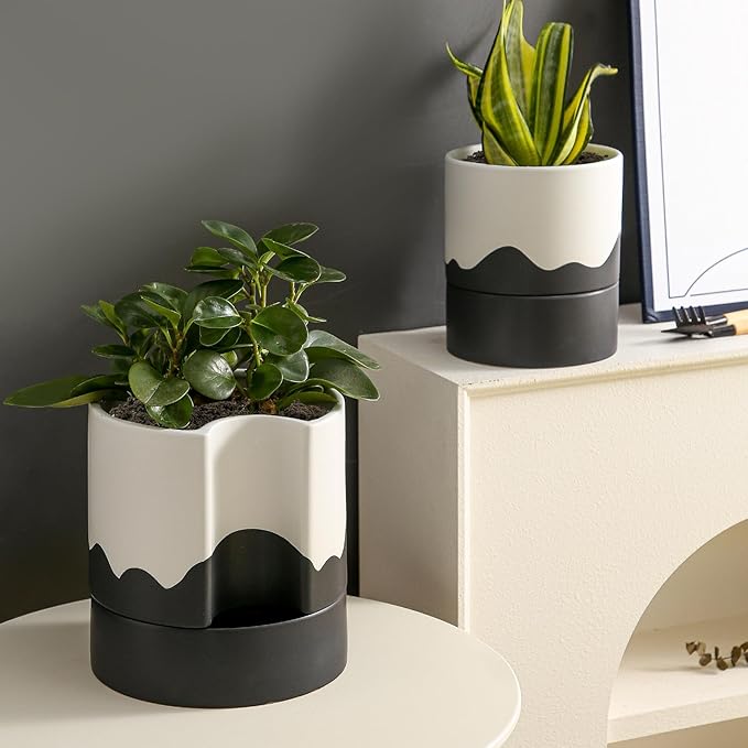 Nihow Self Watering Plant Pot: 8 Inch Ceramic Planter with Drainage Hole & Water Storage Plus for Indoor & Outdoor Plants - Cylinder Round Flower Pot for Succulent/Herbs/Violets - White & Wave Black Nihow