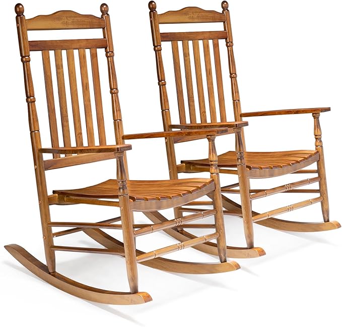 VINGLI Wooden Rocking Chair, Outdoor Chair with 450 lbs Support, Relaxing Rocker with Solid Wood High Back Seat Reclining Seat for Deck, Garden, Backyard, Porch, Indoor or Outdoor Use (Teak, 2PCS) VINGLI