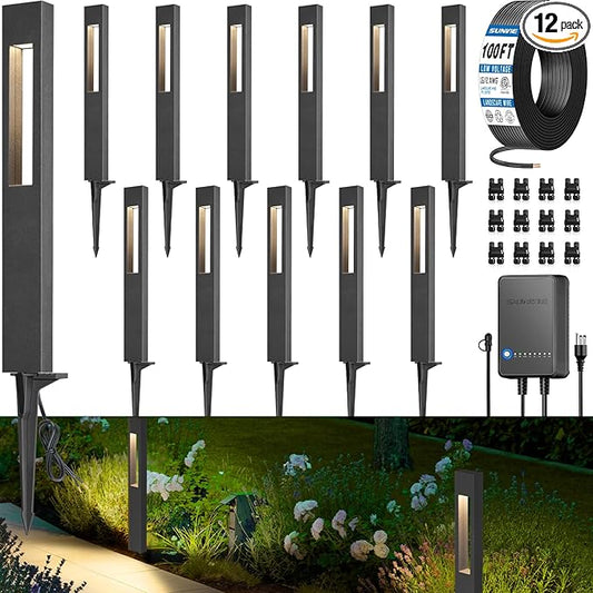 SUNVIE All-In-One LED Low Voltage Landscape Lighting Kit 12 Pack Low Voltage Pathway Lights with 60W Transformer ETL Listed 100FT Wire for Path Garden, Waterproof Pathway Lights Wired, 3000K, Aluminum SUNVIE
