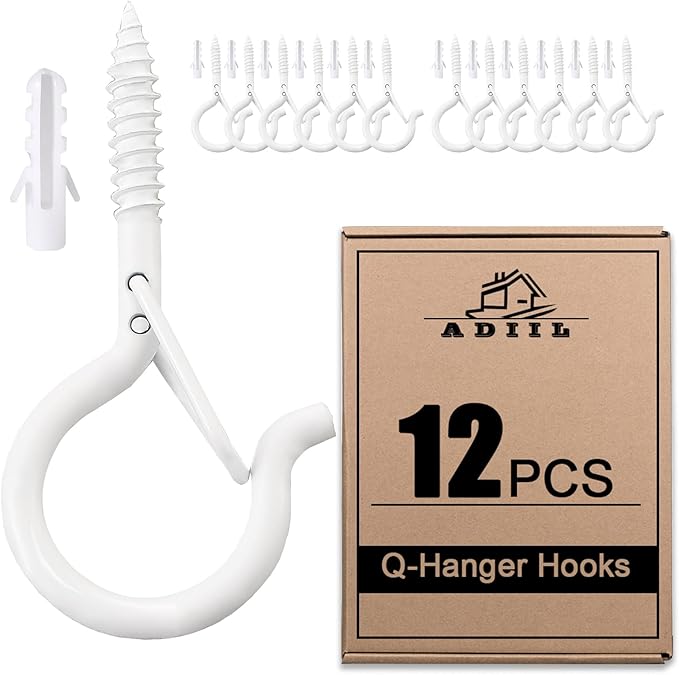 ADIIL 12 PCS Q Hanger Hooks with Safety Buckle, Windproof Screw Hooks for Hanging Outdoor String Lights, Plants, Christmas Patio Lights, 2.2 Inches, White ADIIL