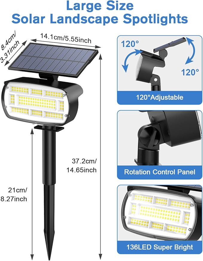 Fabrito Large Solar Spot Lights Outdoor 2 Pack, 1000 Lumens High Brightness, IP65 Waterproof Solar Spotlight with 136 LEDs, Dusk to Dawn Solar Landscape Lights for Yard, Garden, Pathway, Plants(White) Fabrito