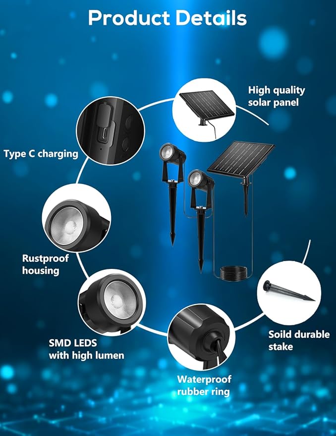 Zyan Solar Landscape Spotlights, Separate Monocrystalline Panels & USB-C Powered 16200mAh Auto On Off Dusk to Dawn, Outdoor IP65 Waterproof, Warm White for Yard Path Patio (100 Lumens × 12 Pack) ZYAN