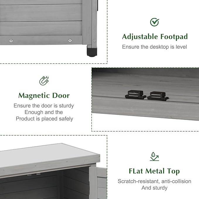 Outdoor Storage Cabinet & Potting Bench Table with Metal Top, Wooden Patio Furniture, Garden Workstation (Classic Grey, 36x31x17in) OutdoorFurniture