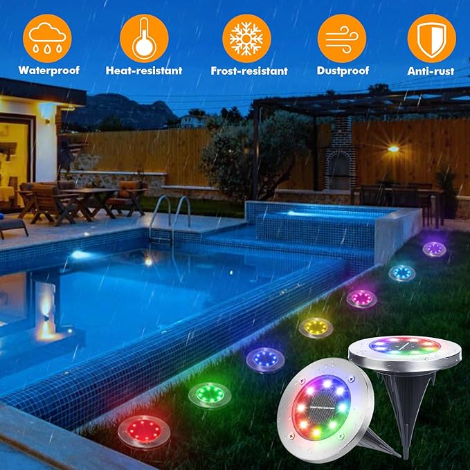 LYHOPE Solar Ground Light Outdoor, 16 Pack 8 LED Color Changing Solar Disk Lights Waterproof Garden In-ground Pathway Lights Landscape Lighting for Lawn,Yard,Deck,Patio,Walkway (RGB) LYHOPE