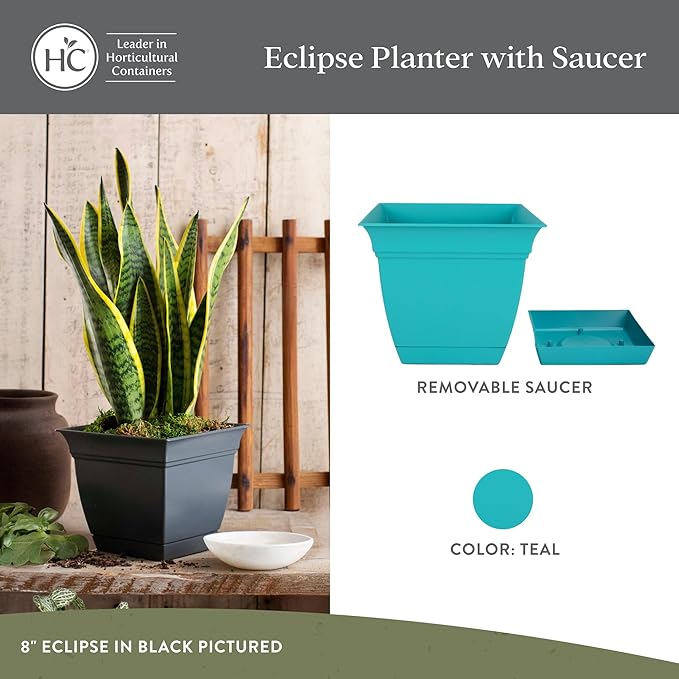 The HC Companies 12 Inch Eclipse Square Planter Pots with Drainage Holes & Attached Saucer, Lightweight UV-Resistant Plastic Indoor Outdoor Planters, 2-Pack Flower Pots for Garden & Home Decor, Teal TheHCCompanies
