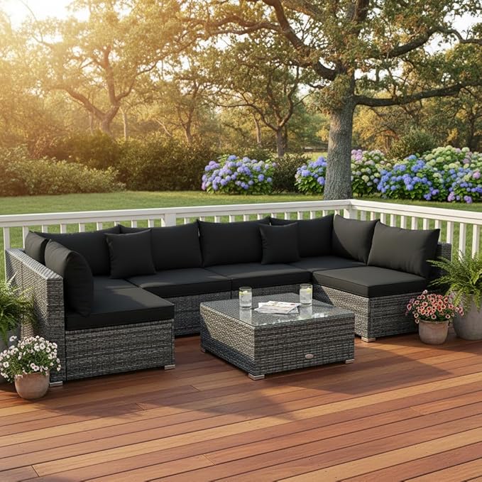 Tangkula 7 Pieces Patio Rattan Furniture Set, Patiojoy Outdoor Conversation Set with Cushions and Tempered Glass Coffee Table, All-Weather Sectional Sofa Set for Garden, Lawn, Backyard (Black) TANGKULA