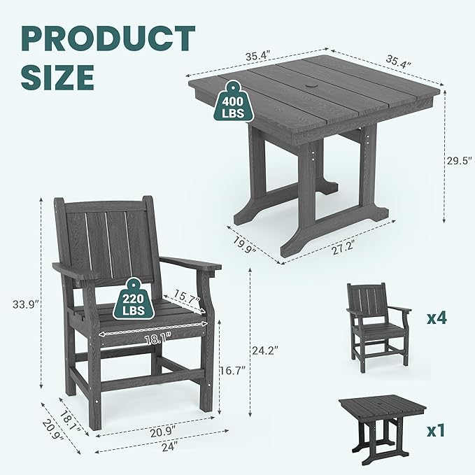 Pamapic 5 PCS Outdoor Dining Set, Spacious HDPE Outdoor Table and Chairs, Wood Grain Patio Furniture Sets with Elegant Armrest, All-Weather Patio Dining Table with Umbrella Hole, Gray Pamapic