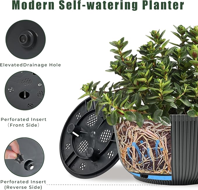 T4U 12 Inch Large Self Watering Plant Pots, Wide Self Watering Planter with Drainage Hole, Large Plant Pots Flower Pot for Plants, Set of 2,Gray T4U