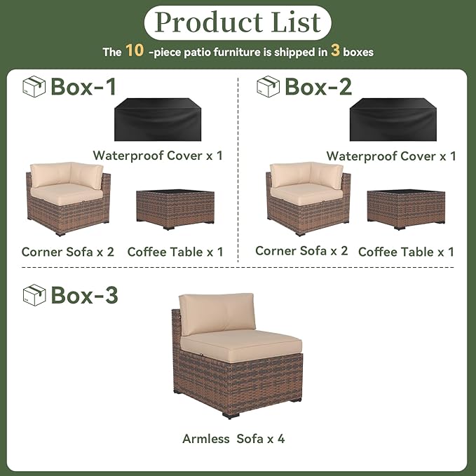 Aoxun 10 Piece Patio Furniture Set Wicker Rattan Patio Conversation Set Outdoor Sectional Sofa Set with Coffee Table and 4” Thickened Cushions, Beige(Waterproof Cover Included) Aoxun