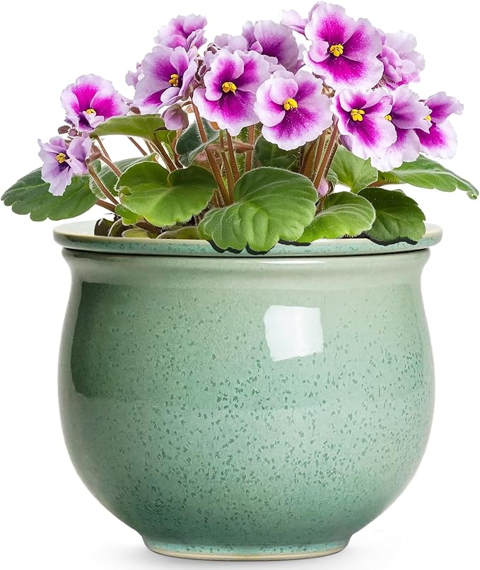 Ceramic Self Watering Pots, 6 Inch African Violet Pots with Absorbent Inner Pot, Round Self Watering Planter for Indoor Plants, Ceramic Pot for Plants, House Decor, Gifts for Women Men, Green Teagas