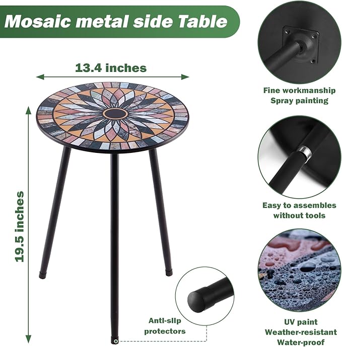 Party Zealot 1 Pack Metal Mosaic Round Side Table Small 13.4" End Patio Round Accent Table Garden Corner Stand for Small Spaces Weather-Resistant for Balcony Plant Stand Indoor Outdoor PartyZealot