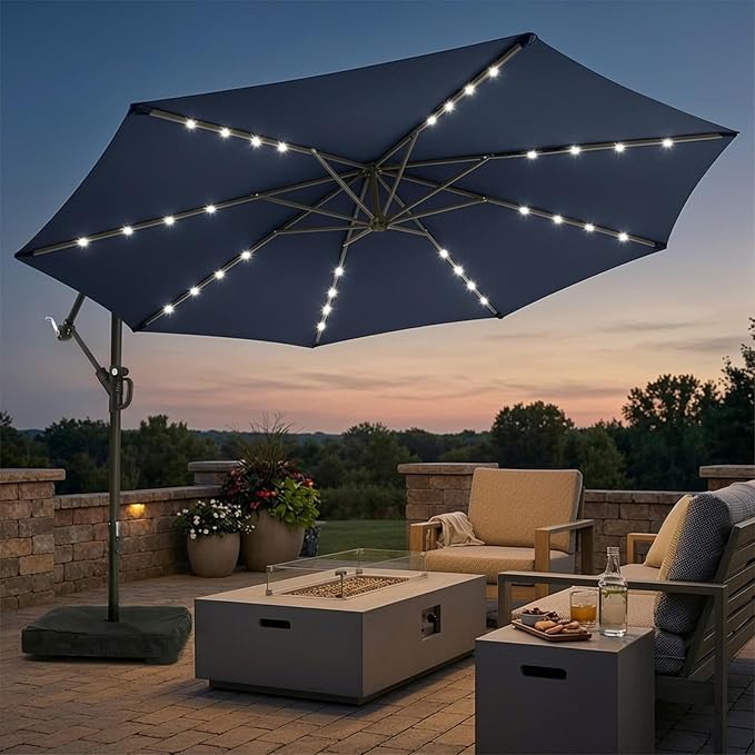 wikiwiki 10ft Solar LED Patio Umbrella with Base Included, Offset Umbrella with Weighted Sandbag Base, Cantilever Patio Umbrella for Backyard, Garden & Deck, 32 LED Lights & Polyester Shade, Navy Blue WikiwikiPatioUmbrellas